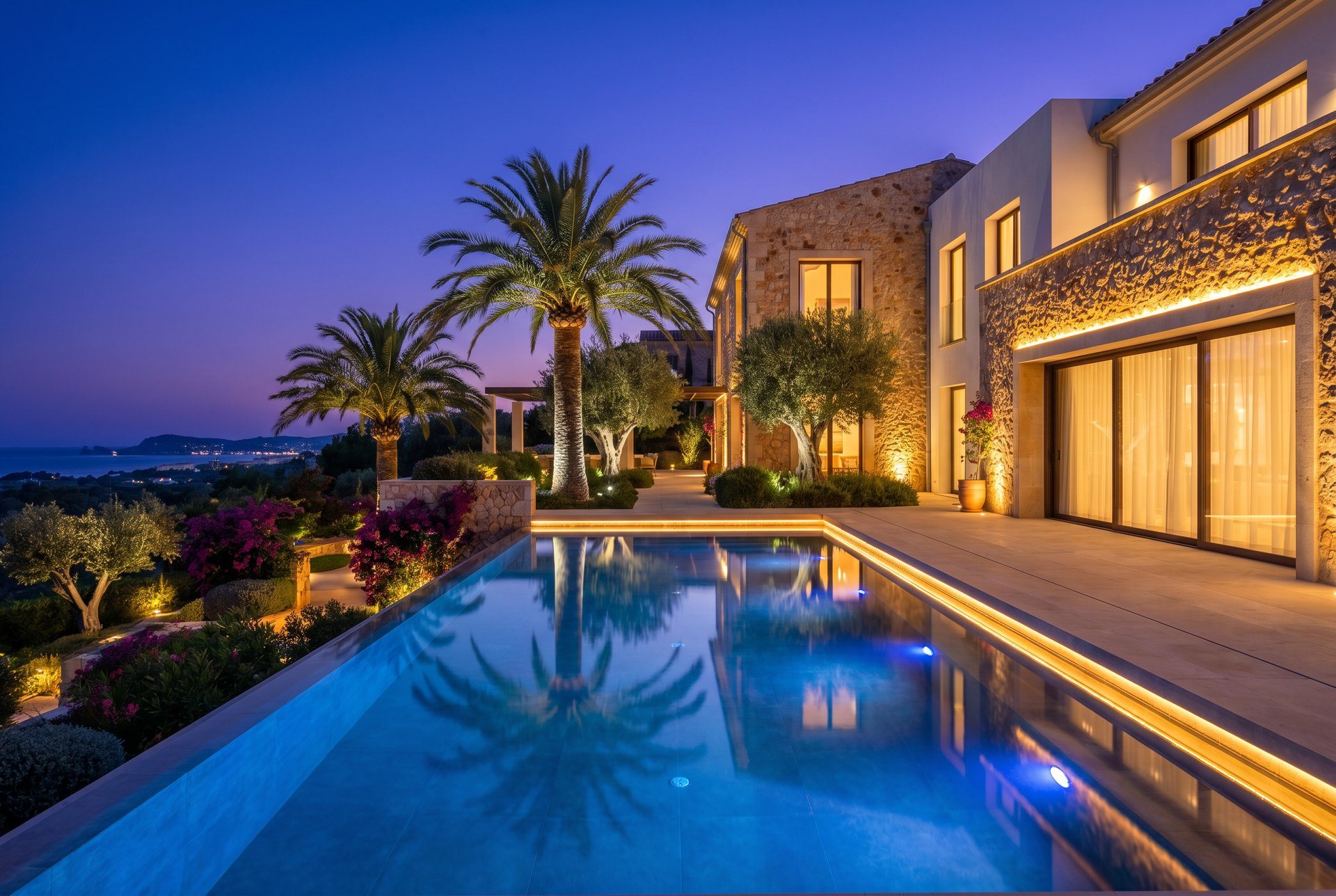 Beleuchtete Villa mit Pool auf Mallorca bei Abenddämmerung